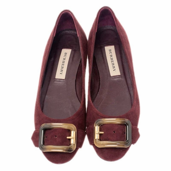 Burberry Burgundy Suede Keswick Buckle Flats - Picture 1 of 6